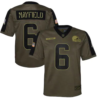 youth nike baker mayfield olive cleveland browns 2021 salut